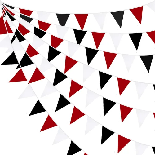 Vista 10 de Decoraciones de fiesta de casino de 32 pies, pancarta roja y negra, bandera triangular, banderines de tela para noche de juegos, temática de Las