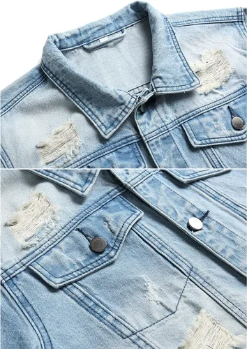 Vista 3 de RANMCC Chaqueta de mezclilla para hombre, chaqueta vaquera rasgada ajustada