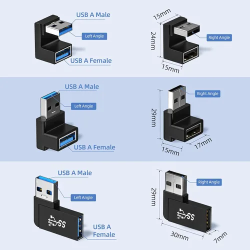 Vista 7 de Paquete de 6 adaptadores USB 3.1 de 180 grados y 90 grados, conector extensor USB A macho a hembra de ángulo izquierdo y recto para PC, laptop