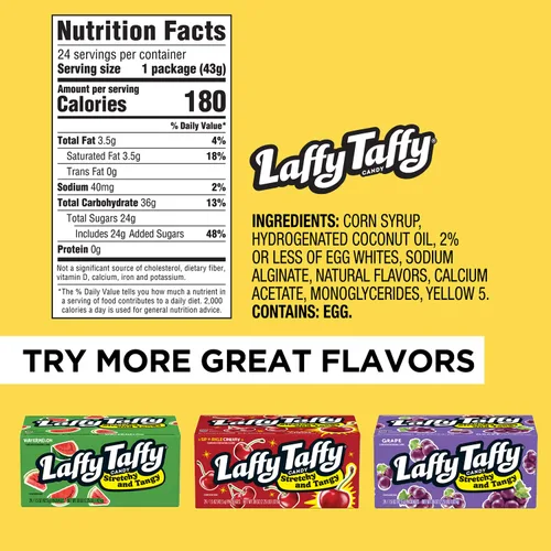 Vista 2 de Laffy Taffy Dulces, Elásticos y Ácidos, Sabor Plátano, Barras de 1.5 Onzas (Paquete de 24)