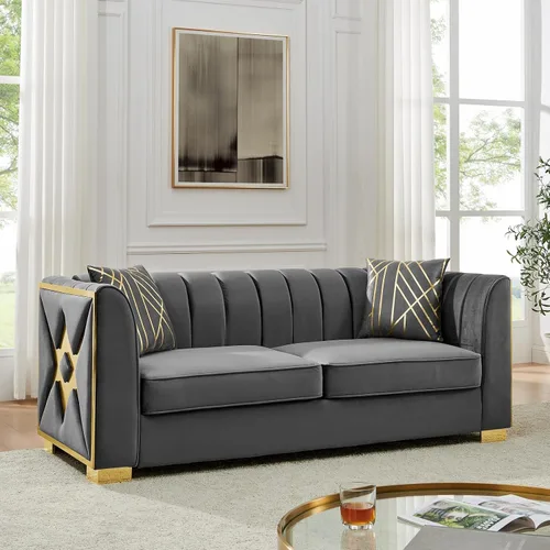 Vista 11 de Sofá Chesterfield de terciopelo moderno de mediados de siglo de 81 pulgadas, sofá victoriano de 3 plazas, muebles de lujo con detalles de acero