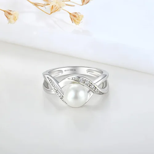 Vista 4 de JO WISDOM Anillo de perlas para mujer, plata de ley 925, circonita cúbica, anillo de perlas infinitas con anillo redondo de perlas blancas de 0.276