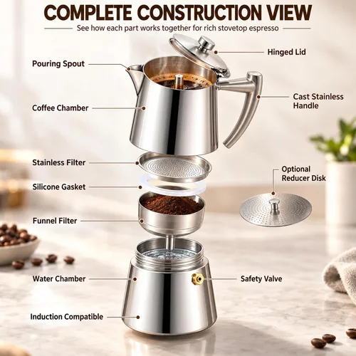 Vista 3 de CUISINOX Roma - Máquina de café expreso de acero inoxidable satinado para estufa, 6 tazas 18/10 stainless steel moka pot with 6-cup capacity