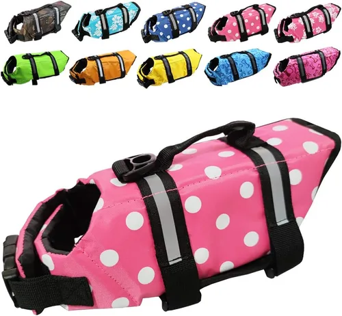Vista 12 de Chaleco salvavidas para perros de fácil ajuste con cinturón ajustable para proteger las mascotas, traje de baño de seguridad para nadar con rayas