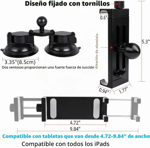 Vista 4 de Soporte de Tablet de Aluminio con Base de Doble Ventosa para Parabrisas de Coche/Barco, Soporte de Tablet Compatible con iPad Air 13" M2 (2024)