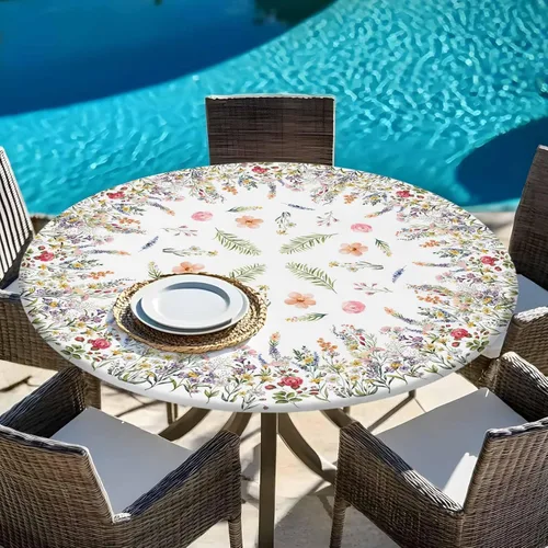 Vista 7 de Mantel redondo ajustable con flores silvestres botánicas, manteles elásticos impermeables para interiores y exteriores, mantel elástico para cena