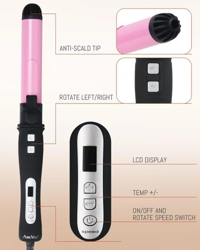 Vista 8 de Rizador de pelo con rotación automática: rizador de pelo automático de 1.25 pulgadas con temperatura ajustable de 180 °F a 410 °F y pantalla LCD
