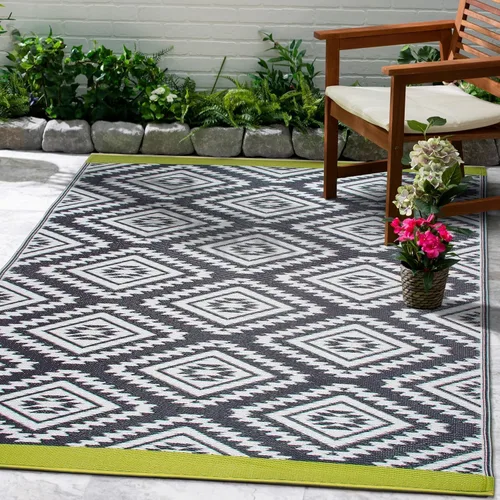 Vista 28 de Fab Habitat - Alfombra de exterior azteca, impermeable, resistente a la decoloración, sin arrugas, plástico reciclado de primera calidad, a rayas