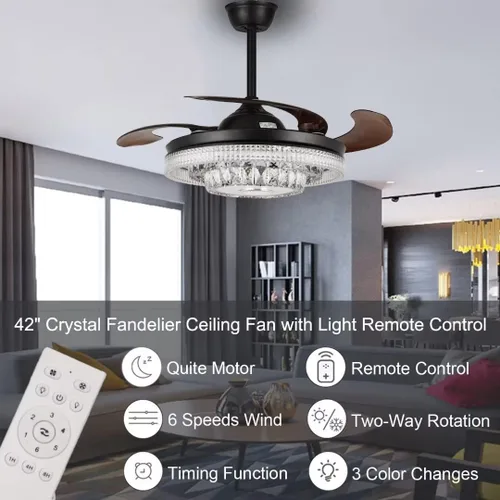 Vista 2 de Modernos ventiladores de techo de cristal de 42 pulgadas con luces y control remoto 7 colores regulables/Bluetooth/rotación bidireccional - Negro 3