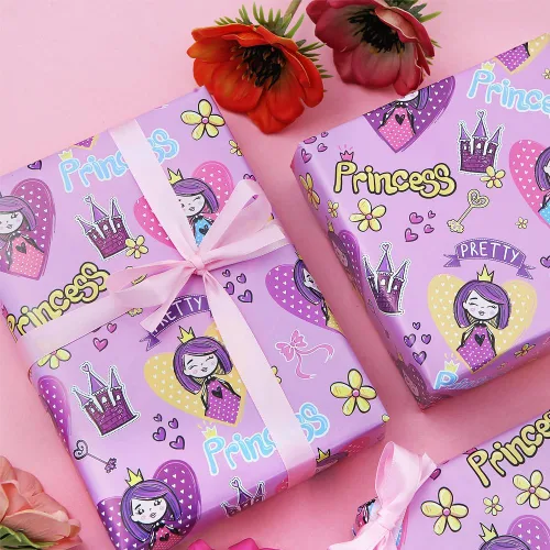 Vista 6 de Geluode Papel de regalo de cumpleaños de princesa para niñas y bebés, bonito diseño de castillo de princesa rosa, papel de regalo para cumpleaños