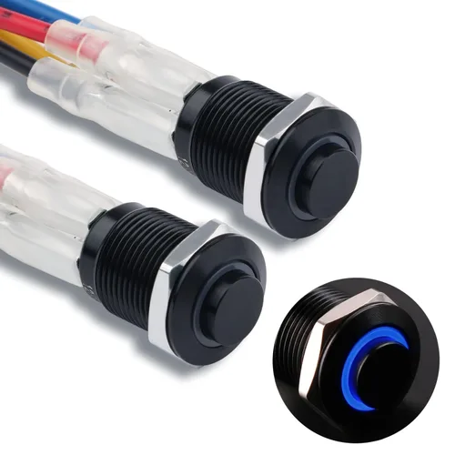 Vista 15 de 2 interruptores de botón de metal con pestillo de 0.472 pulgadas, cabeza elevada de 12 V-24 V, 4 pines de encendido y apagado, 1 no, carcasa negra