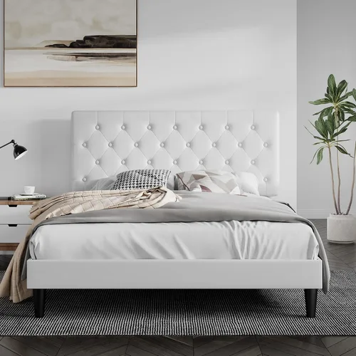 Vista 10 de SHA CERLIN Base de cama tamaño completo con cabecera capitoné con botones, base de colchón tapizada en cuero sintético, base de cama de plataforma