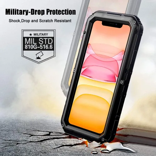 Vista 4 de Beasyjoy Funda impermeable de metal para iPhone 11, resistente, a prueba de golpes, a prueba de polvo, protección resistente, pantalla incorporada
