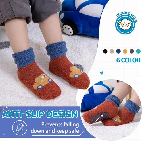 Vista 2 de DoSmart Calcetines antideslizantes para bebés, niños y niñas, cálidos, de lana gruesa, calcetines de invierno con pinzas, 6 pares
