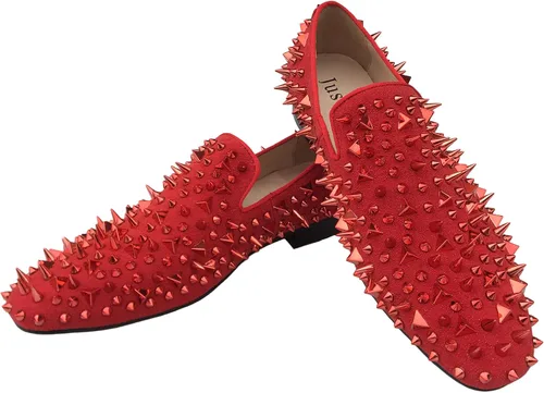 Vista 6 de Justar Mocasines de cuero para hombre, zapatos de vestir con tachuelas, sin cordones, zapatos largos de fiesta con remaches