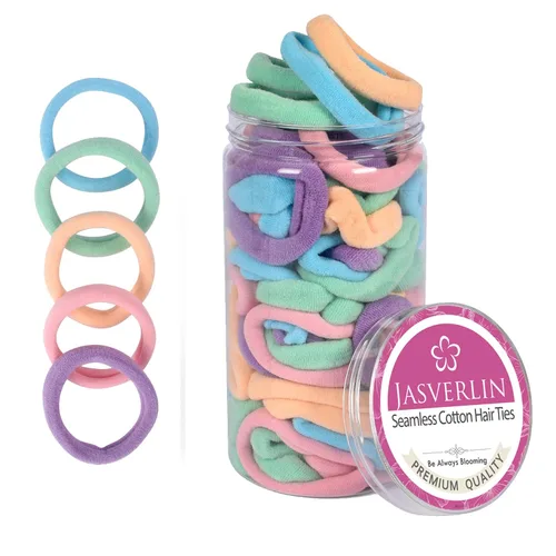 Vista 9 de JASVERLIN 100 ligas para el cabello de algodón sin costuras, bandas elásticas gruesas suaves y sin daños, soportes para cola de caballo para mujeres