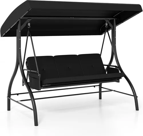 Vista 12 de Tangkula Columpio para porche para 3 personas, columpio convertible 2 en 1 para exteriores con toldo ajustable, cojines extraíbles, marco de metal