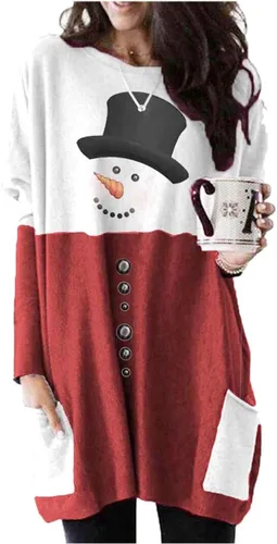 Vista 4 de Conjunto de túnica de Navidad de manga larga para mujer, blusa con letras, blusa casual con bolsillo