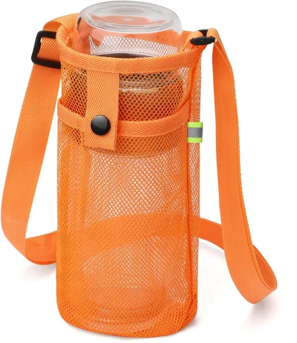 Vista 28 de Bolsa grande para botella de agua con correa, soporte de malla grande para botella de agua, correa para el hombro y bolsillo, soporte ligero