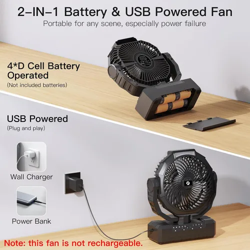 Vista 2 de Ventilador operado por batería Wavmill [200H Max], ventiladores alimentados por batería de celda D y USB 2 en 1, ventilador portátil para acampar