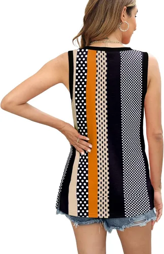 Vista 4 de Camiseta sin mangas para mujer, cuello en V, ajuste holgado, casual, básica, con abertura lateral, sin mangas