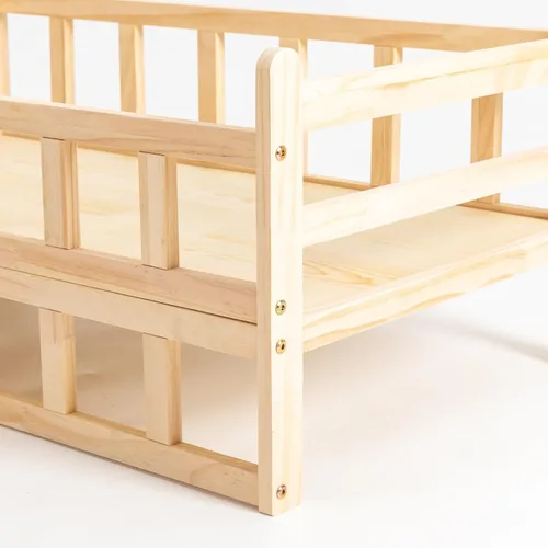 Vista 5 de Cama elevada de madera para mascotas con rieles, marco de cama de madera maciza para gatos, uso en interiores, grande, 37.8 x 22.1 pulgadas