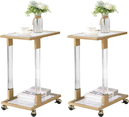 Vista 10 de Mesa auxiliar de cristal dorado en forma de C con ruedas móviles, mesa de acrílico para sala de estar, mesa C transparente para dormitorio, muebles