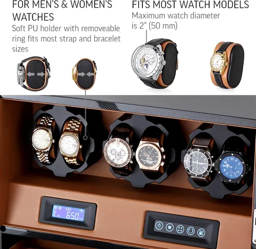 Vista 4 de 6 Watch Winder with Jewelry Storage Drawer, LCD Display, Touch Control and Interior Backlight