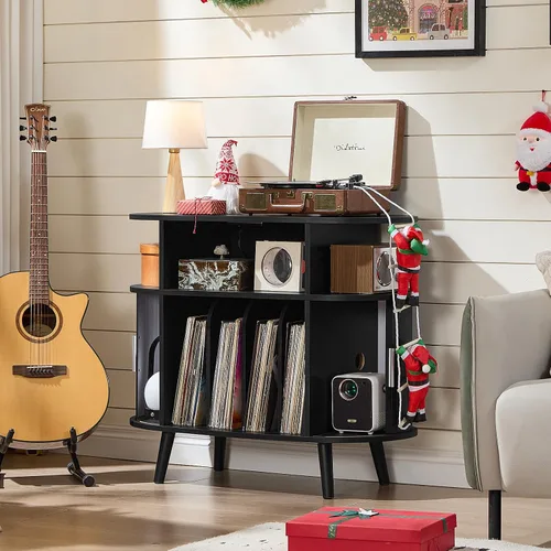 Vista 3 de LELELINKY - Pequeño soporte redondo para tocadiscos con estación de carga y estante de exhibición estriado, gabinete de tocadiscos negro de mediados