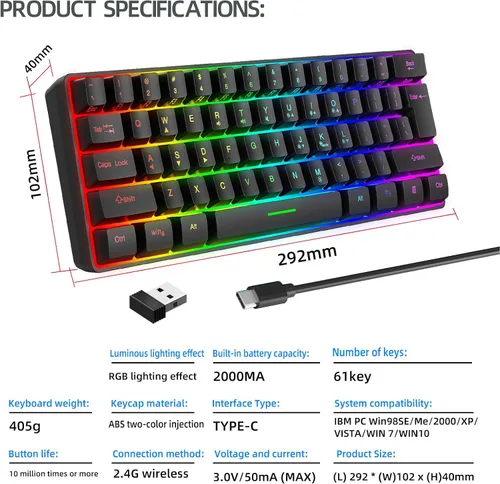 Vista 9 de ASHATA 60% Wireless Mechanical Keyboard, 2.4G Gaming Keyboard RGB Backlit 61 Keys Rechargeable, Supports Sleep Mode, Ergonomic Comfort, for PC Laptop