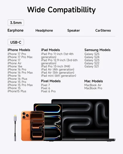 Vista 5 de Adaptador USB C a conector de auriculares de 3.5mm – Dongle de audio HiFi, cable tipo C a auxiliar hembra compatible con iPhone 17/16/15 Pro Max