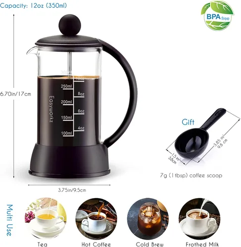 Vista 2 de Easyworkz Eclipse French Press Cafetera de 12 onzas con vidrio de borosilicato