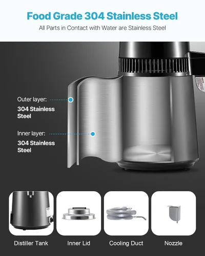 Vista 4 de VEVOR Destilador de Agua de 1750W, Fabricante de Agua Destilada de 0.4 Gal/H con Garrafa de Vidrio, Máquina Destiladora de Encimera de 4L/1.1 Gal