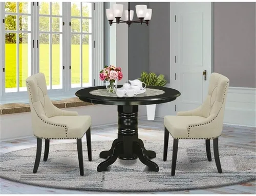 Vista 2 de East West Furniture SHFR3-BLK-02 Juego de mesa de comedor moderno de 3 piezas contiene una mesa de cocina redonda con pedestal y 2 sillas de comedor