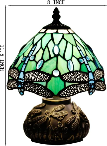 Vista 5 de Lámpara de mesa pequeña Tiffany W8H11 pulgadas Tiffany verde libélula estilo de la lámpara de vidrieras de bronce tipo hongo base de resina mini