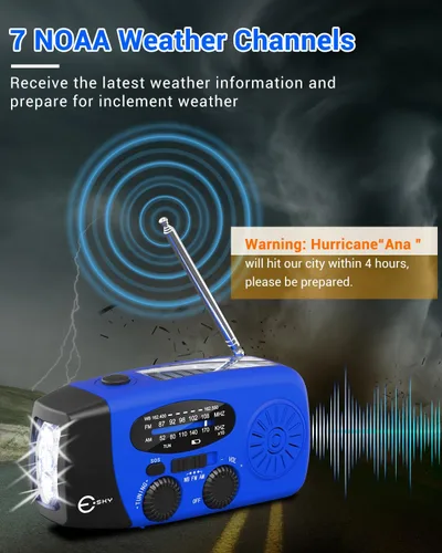 Vista 2 de Esky Radio de emergencia con manivela y 3 linternas LED, radio meteorológica portátil AM/FM/NOAA con cargador de teléfono de 2000mAh, radio