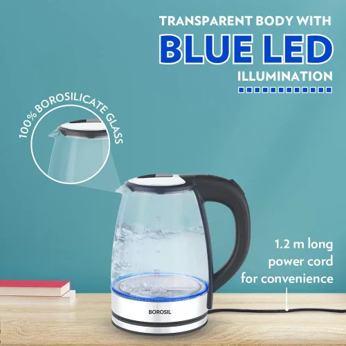Vista 5 de Borosil Hervidor eléctrico de vidrio, vidrio de borosilicato, cable extralargo, protección contra ebullición, base giratoria de 360°, 1.8 L