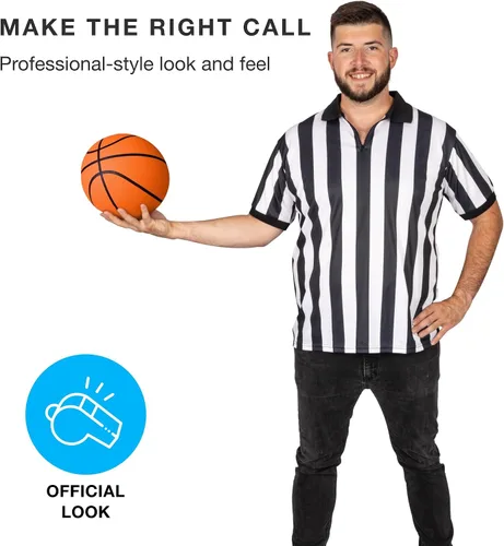 Vista 2 de Crown Sporting Goods Men's Official Black & White Stripe Referee/Umpire Jersey – Pro-Style Ref Uniform, Great for Basketball, Football, & Soccer