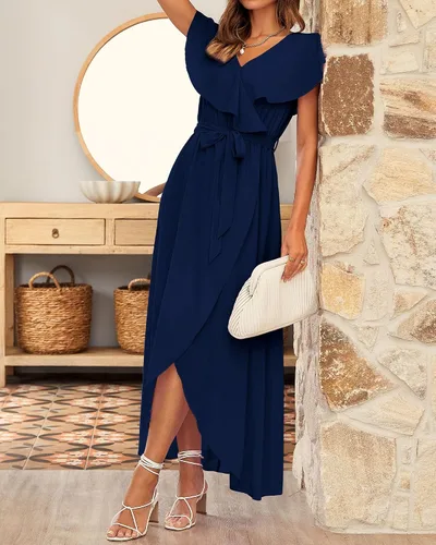 Vista 3 de BTFBM Vestido largo de gasa de verano para mujer, cuello en V profundo, volantes, manga corta, fiesta en la playa, cóctel, vestido cruzado fluido