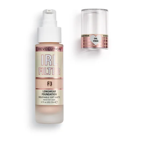 Vista 8 de Revolution, Base de maquillaje de larga duración IRL Filter, fórmula suave y transpirable, cobertura media a completa, acabado mate, F3, 0.7 fl oz