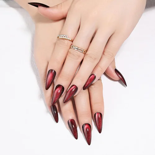 Vista 25 de Uñas postizas rojas de tamaño mediano en forma de almendra, uñas acrílicas brillantes con diseño de purpurina, uñas artificiales de cobertura a001