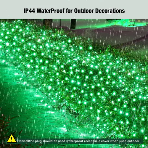Vista 3 de Red de luces LED verdes de Navidad para exteriores, 120 LED de 6 x 5 pies, tira de luces de malla conectables para exteriores e interiores