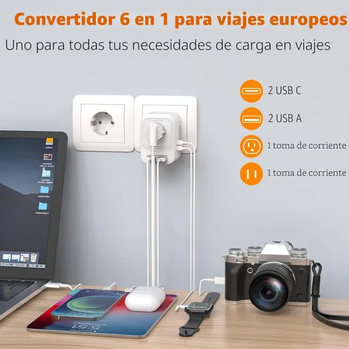 Vista 2 de Convertidor de voltaje de 220 V a 110 V de EE. UU. a Europa con 2 puertos USB A y 2 puertos USB C de carga rápida, convertidor de corriente