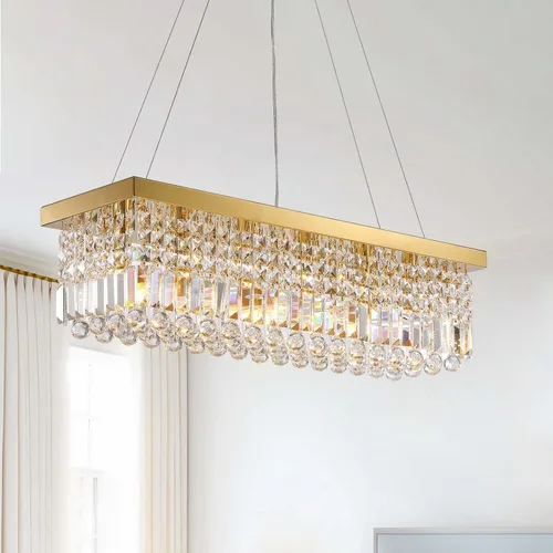 Vista 12 de Candelabros Modernos de Cristal para Lámpara de Comedor, Candelabro de Techo Rectangular Dorado de 6 Luces para Isla de Cocina y Sala de Estar