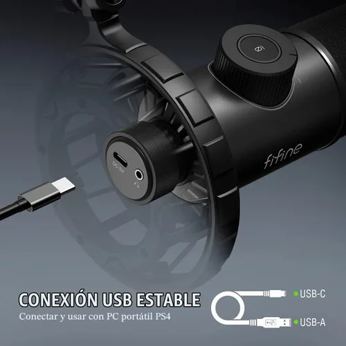 Vista 8 de FIFINE Micrófono USB para juegos, micrófono dinámico RGB para PC, con botón de toque para silenciar, micrófono cardioide Plug & Play con conector
