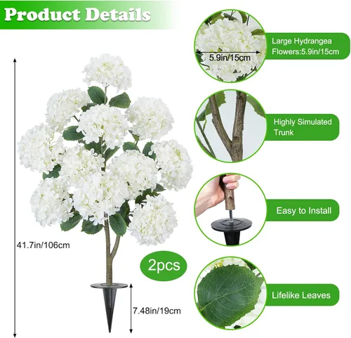 Vista 2 de GTIDEA Paquete de 2 hortensias artificiales de 3.5 pies para exteriores, árbol falso con espigas, arbustos de hortensias sintéticas, árbol de flores