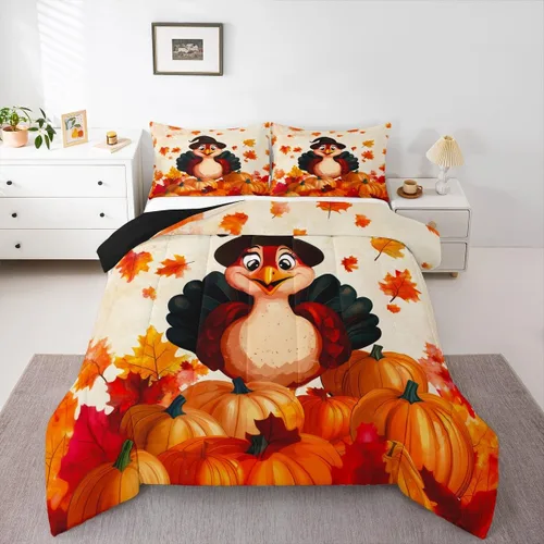 Vista 48 de Erosebridal Juego de edredón individual de pavo de Acción de Gracias, juego de ropa de cama de calabaza con hojas de otoño para niños y adultos