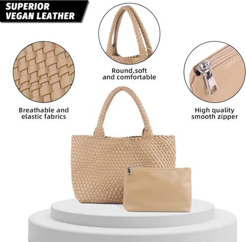 Vista 2 de Vipost Bolsa de mano tejida para mujer, bolsa de playa grande de cuero vegano con bolso, bolso de viaje con asa superior, bolsas de hombro tejidas
