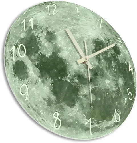 Vista 3 de The Geeky Days Reloj de pared con luna que brilla en la oscuridad para sala de estar, diseño moderno, luminoso, silencioso, sin tictac, decoración