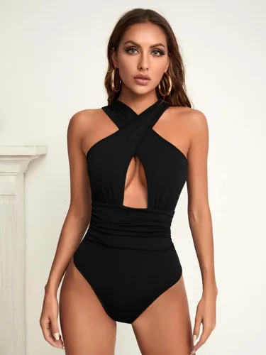 Vista 6 de Milumia Body sexy de cintura alta sin mangas con corte cruzado para mujer
